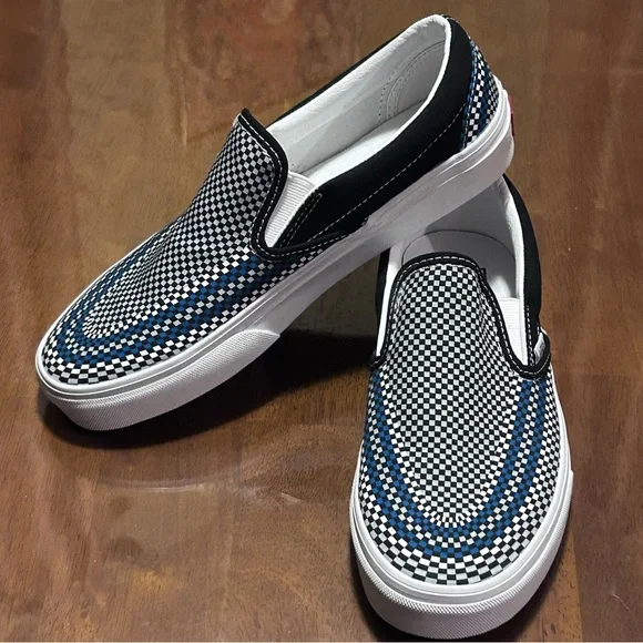 VANS Slip On Skate Shoes Black Blue Gray Mini Checkered NEW! Women’s 8 Men’s 6.5 - Picture 11 of 11